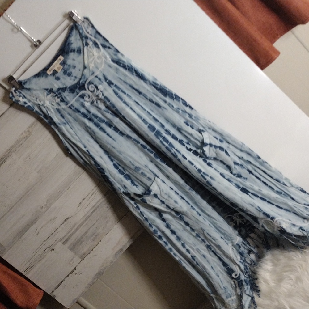 Beach By Exist batik/tie dye embroidered summer dress pockets blue sz XL